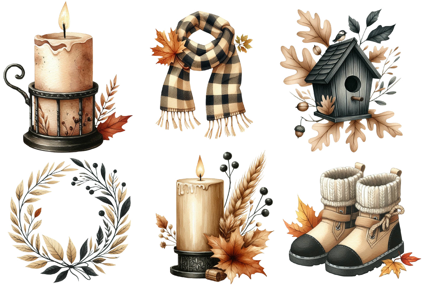 Beige & Black Autumn Watercolor Clipart PNG Bundle | Neutral Fall Botanical Clipart | Elegant Boho Autumn PNG