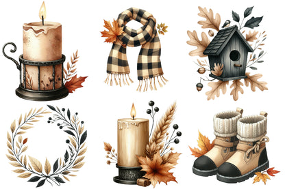 Beige & Black Autumn Watercolor Clipart PNG Bundle | Neutral Fall Botanical Clipart | Elegant Boho Autumn PNG