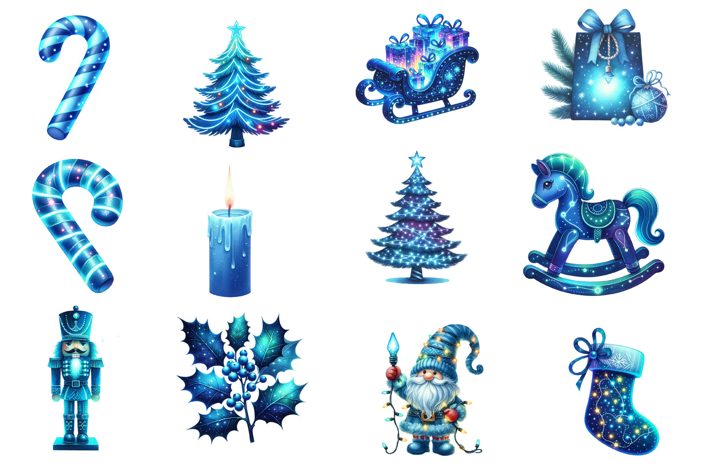 Blue Christmas Clipart PNG Bundle | Watercolor Winter Holiday Clipart | Elegant Icy Blue Christmas PNG