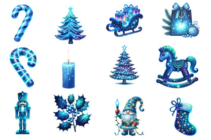 Blue Christmas Clipart PNG Bundle | Watercolor Winter Holiday Clipart | Elegant Icy Blue Christmas PNG