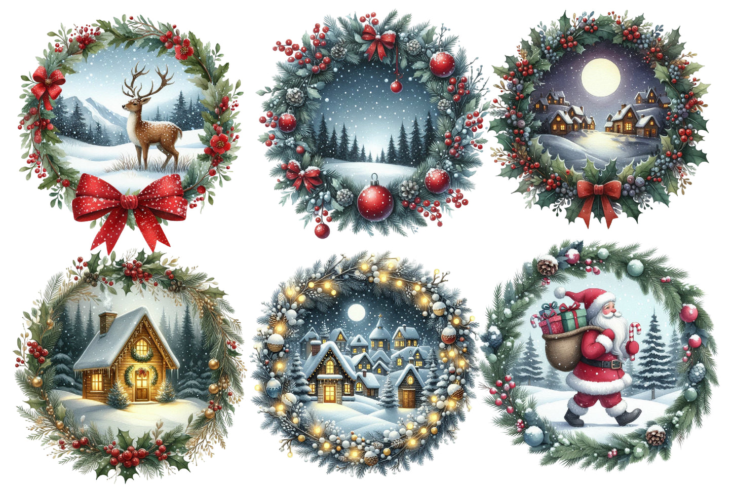 Christmas Winter Scenes PNG Bundle | Watercolor Snowy Christmas Landscape Clipart | Cozy Holiday Winter PNG