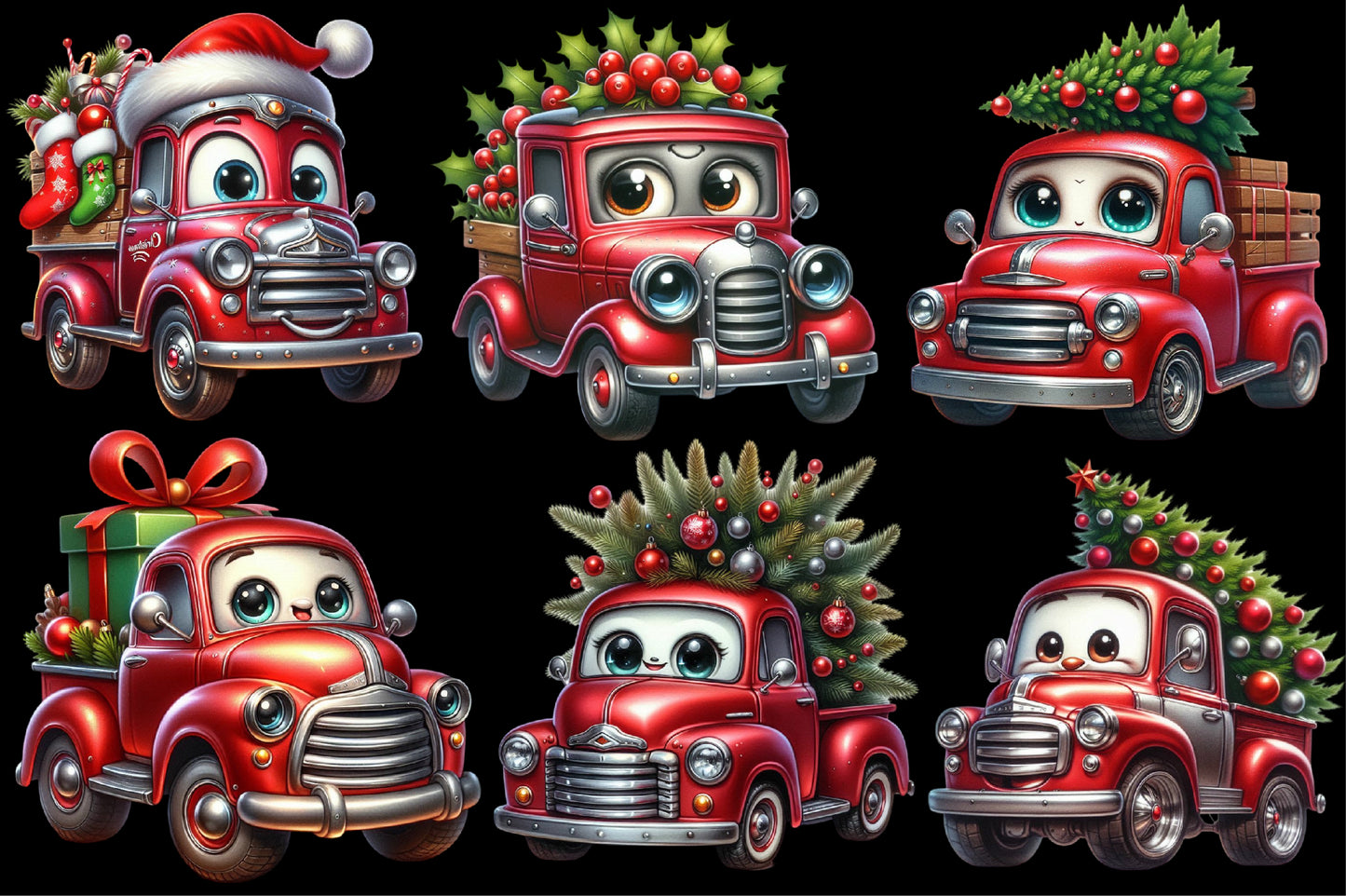Watercolor Christmas Truck Clipart PNG Bundle | Cute Santa Holiday Truck & Festive Christmas Designs