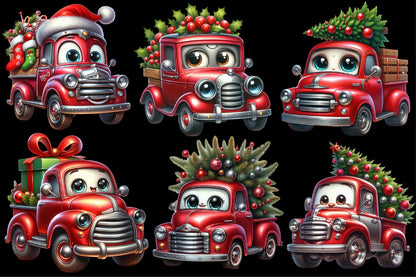 Watercolor Christmas Truck Clipart PNG Bundle | Cute Santa Holiday Truck & Festive Christmas Designs