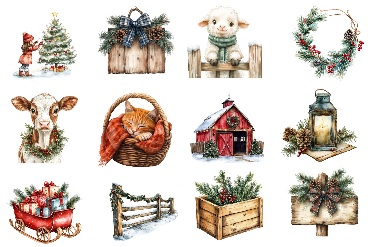 Cozy Farm Christmas Clipart PNG Bundle | Christmas Farmhouse, Snowy Barn, Christmas Tree, Cows, Sheep, Birds & Winter Farm