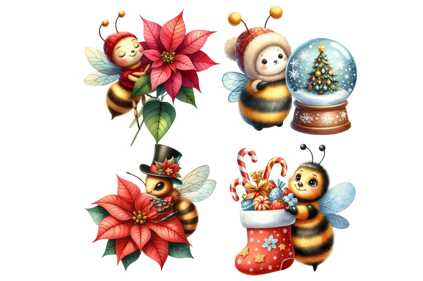 Christmas Bee Clipart PNG Bundle | Watercolor Cute Christmas Bee Clipart | Festive Holiday Bee PNG