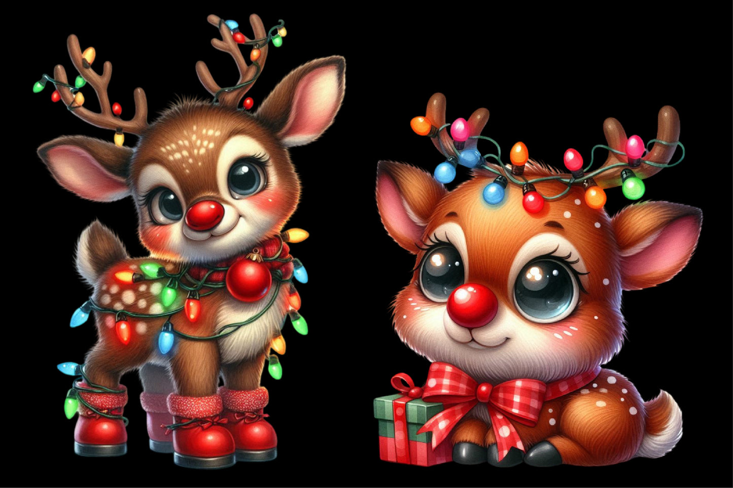 Christmas Funny Reindeer PNG Clipart Bundle | Watercolor Cute Reindeer, Christmas Lights, Red Nose & Holiday Deer Designs