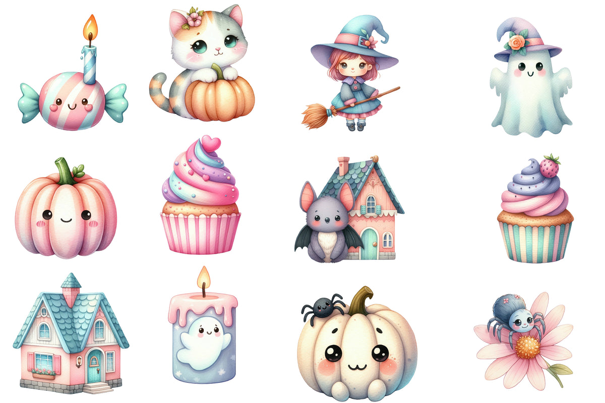Pastel Halloween Clipart PNG Bundle | Cute Ghost, Cat, Pumpkin & Haunted House