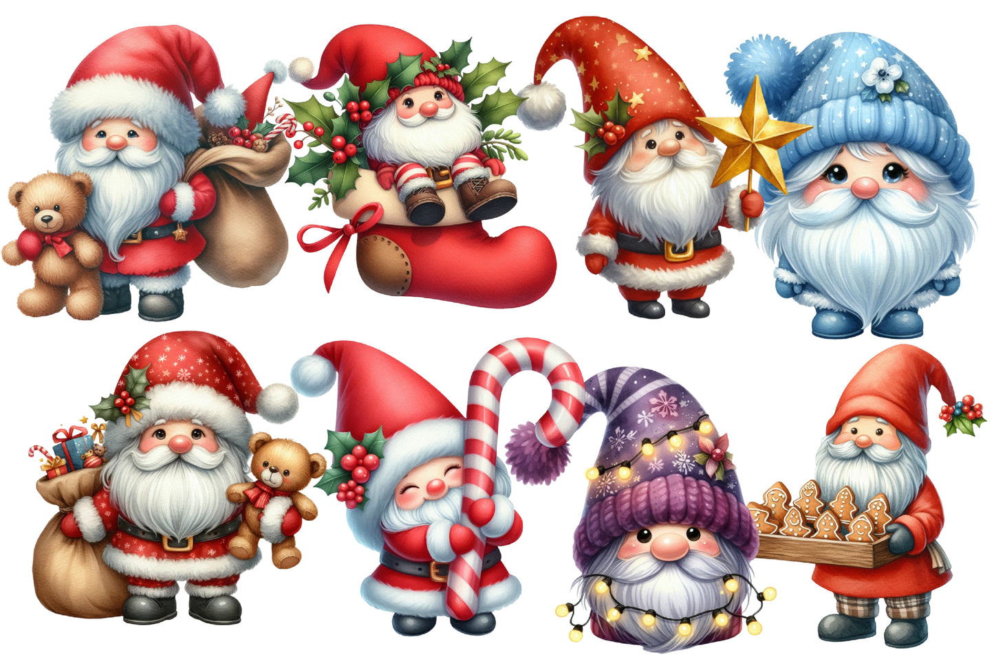 Christmas Gnome Sublimation Clipart PNG Bundle | Watercolor Cute Scandinavian Christmas Gnome PNG | Holiday Sublimation