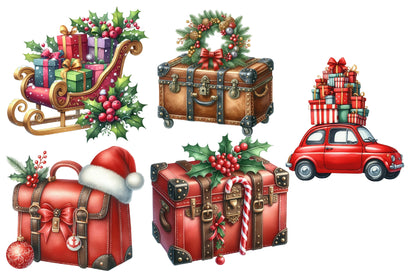 Christmas Travel Watercolor Clipart PNG Bundle | Cute Holiday Travel Watercolor Clipart | Christmas Vacation Sublimation PNG