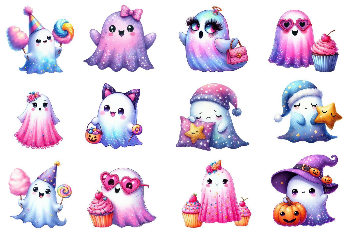 Cute Boo Halloween Watercolor Clipart PNG Bundle | Kawaii Ghost Halloween Clipart | Cute Spooky Sublimation PNG