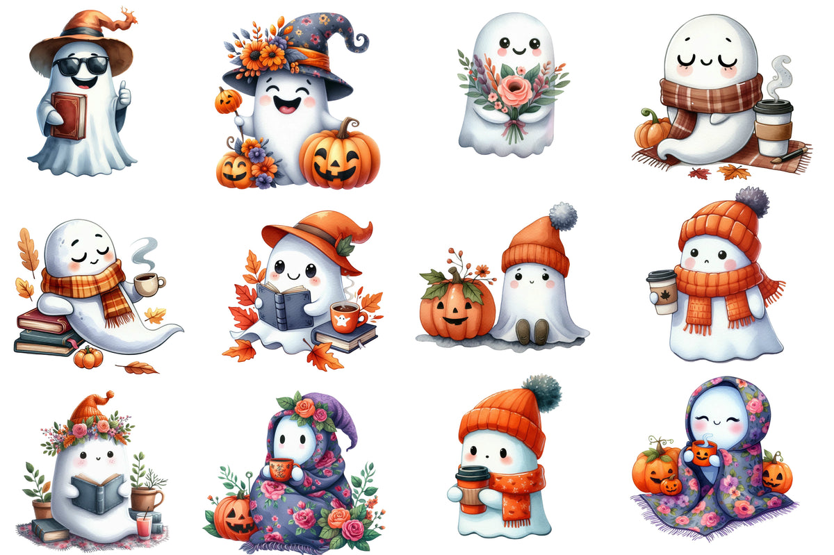 Funny Halloween Ghost Clipart PNG Bundle | Cute Ghost PNG, Kawaii Halloween Ghost, Cozy Fall Ghost, Ghost Sublimation,