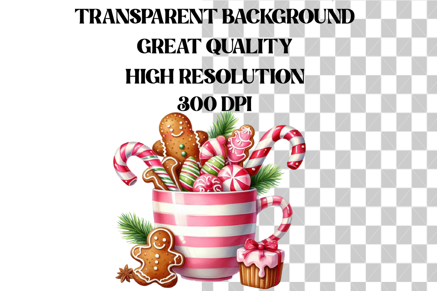 Watercolor Christmas Hot Cocoa Clipart PNG Bundle | Gingerbread Cocoa & Candy Cane