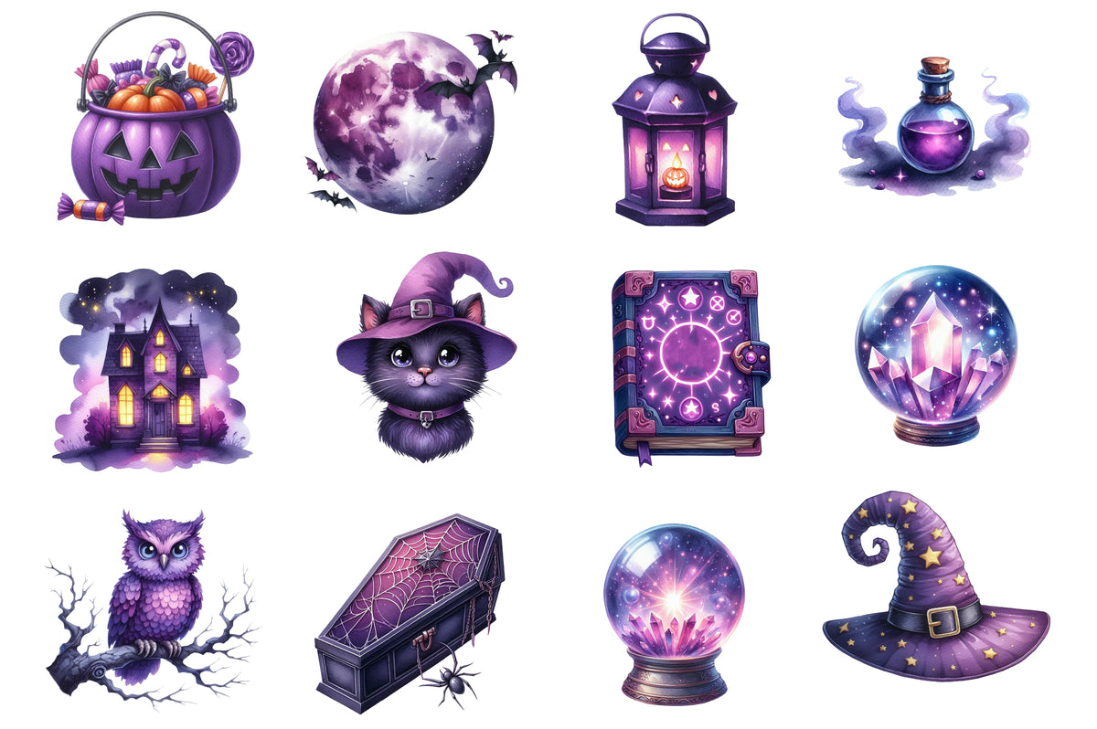 Halloween Clipart PNG Bundle | Purple Witch, Owl, Cat, Ghost, Bat, Pumpkin & Haunted House PNG
