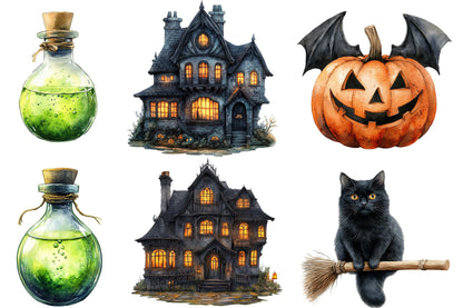 Halloween Designs Clipart PNG | Cute Ghost, Black Cat, Bat, Witch Hat & Pumpkin Clipart
