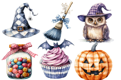 Gingham Halloween Clipart PNG Bundle | Plaid Pumpkin PNG, Gingham Ghost Clipart,