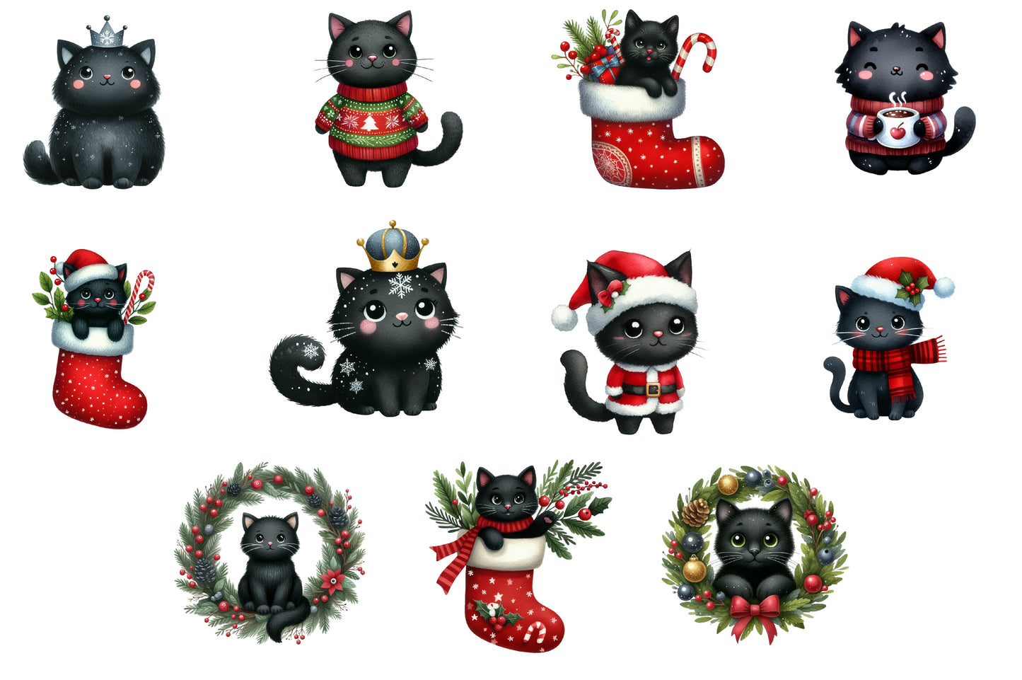 Christmas Black Cat Clipart PNG Bundle | Cute Black Cat Christmas PNG | Black Cat Christmas Sublimation