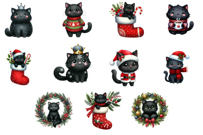 Christmas Black Cat Clipart PNG Bundle | Cute Black Cat Christmas PNG | Black Cat Christmas Sublimation