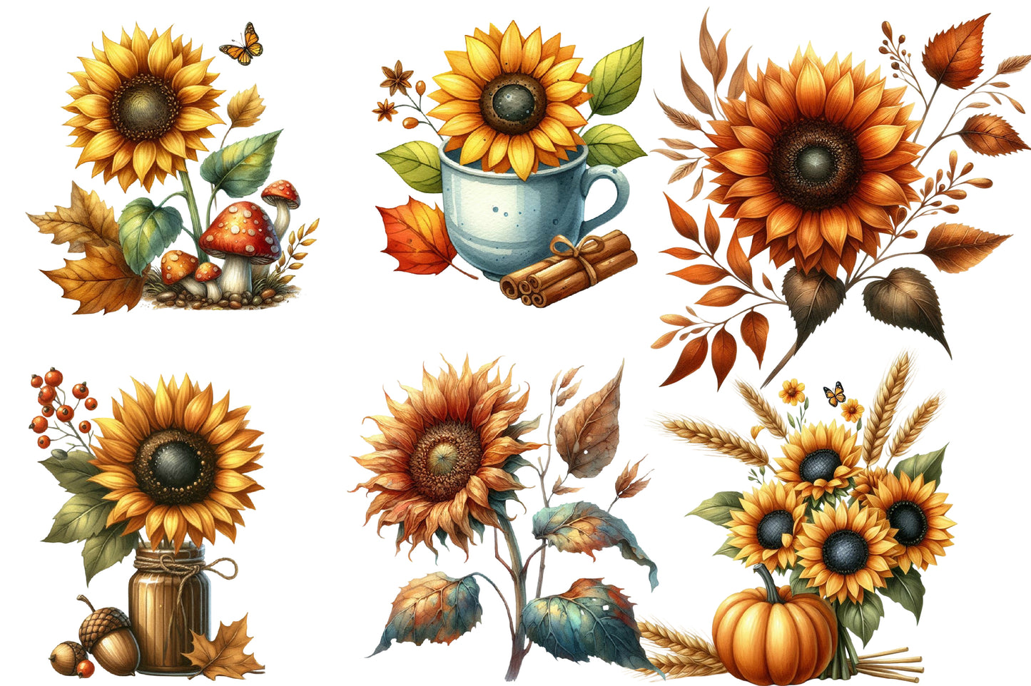 Sunflower Autumn Watercolor Clipart PNG Bundle | Fall Sunflower PNG | Autumn Floral Sublimation