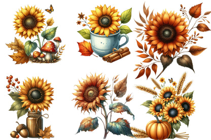 Sunflower Autumn Watercolor Clipart PNG Bundle | Fall Sunflower PNG | Autumn Floral Sublimation