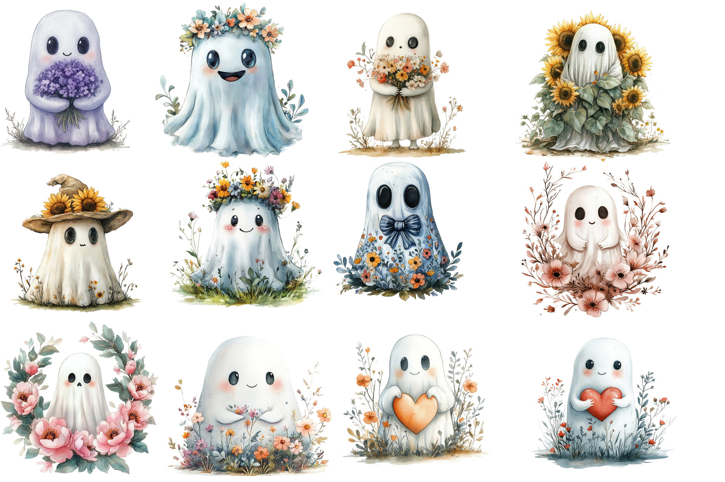 Halloween Floral Ghost Clipart PNG | Cute Ghosts with Flowers, Kawaii Halloween Ghost PNG