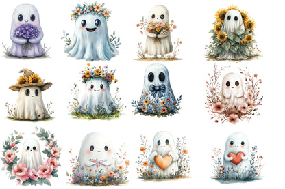 Halloween Floral Ghost Clipart PNG | Cute Ghosts with Flowers, Kawaii Halloween Ghost PNG