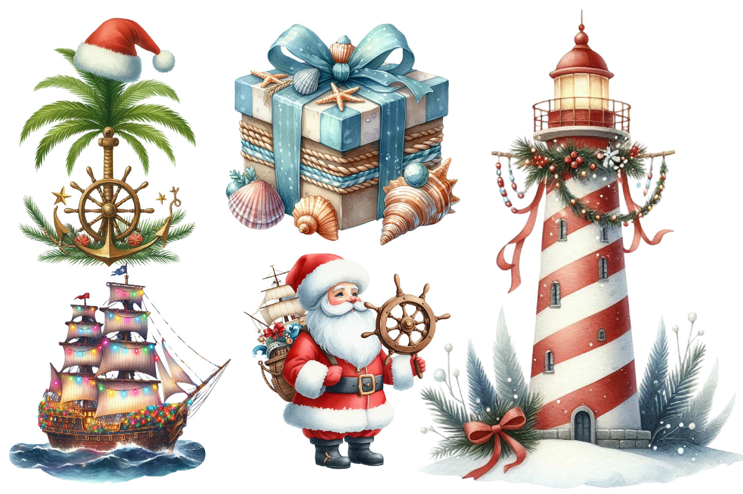 Nautical Christmas Clipart PNG Bundle | Coastal Christmas Watercolor Clipart | Beach Holiday Sublimation PNG