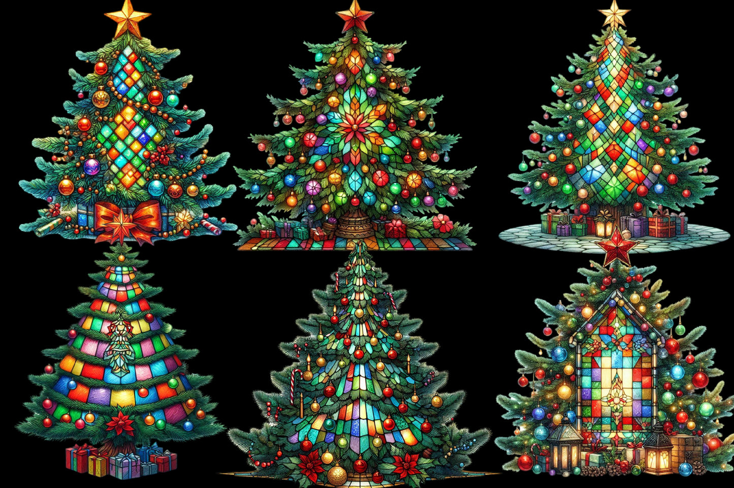Stained Glass Christmas Trees Clipart PNG Bundle | Colorful Watercolor Christmas Tree, Ornament & Holiday Designs