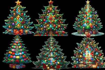 Stained Glass Christmas Trees Clipart PNG Bundle | Colorful Watercolor Christmas Tree, Ornament & Holiday Designs