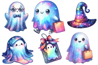 Holographic Halloween Watercolor Clipart PNG Bundle | Cute Ghost PNG, Kawaii Halloween Clipart