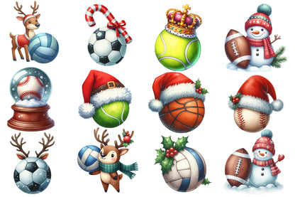 Christmas Sport Balls Sublimation PNG Bundle | Watercolor Christmas Sports Balls Clipart | Festive Athletic Holiday PNG