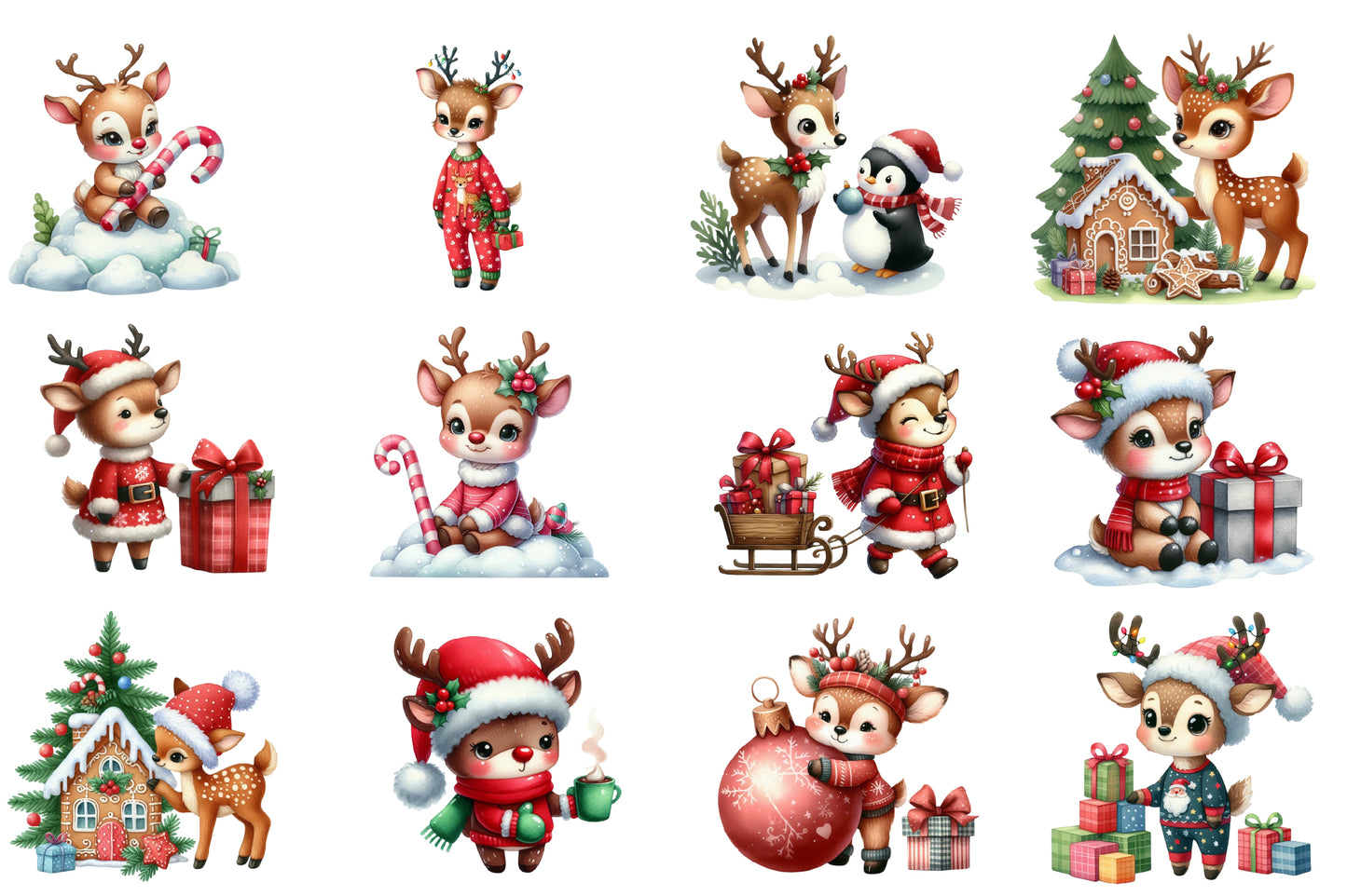 Christmas Reindeer PNG Clipart Bundle | Watercolor Cute Christmas Reindeer Clipart | Festive Holiday Animal Sublimation PNG