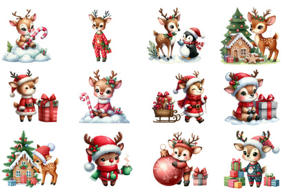 Christmas Reindeer PNG Clipart Bundle | Watercolor Cute Christmas Reindeer Clipart | Festive Holiday Animal Sublimation PNG