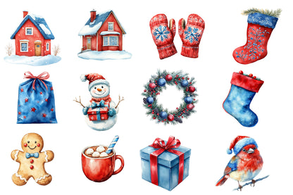 Christmas Village Clipart PNG Bundle | Scandinavian Winter Christmas Watercolor | Holiday Sublimation