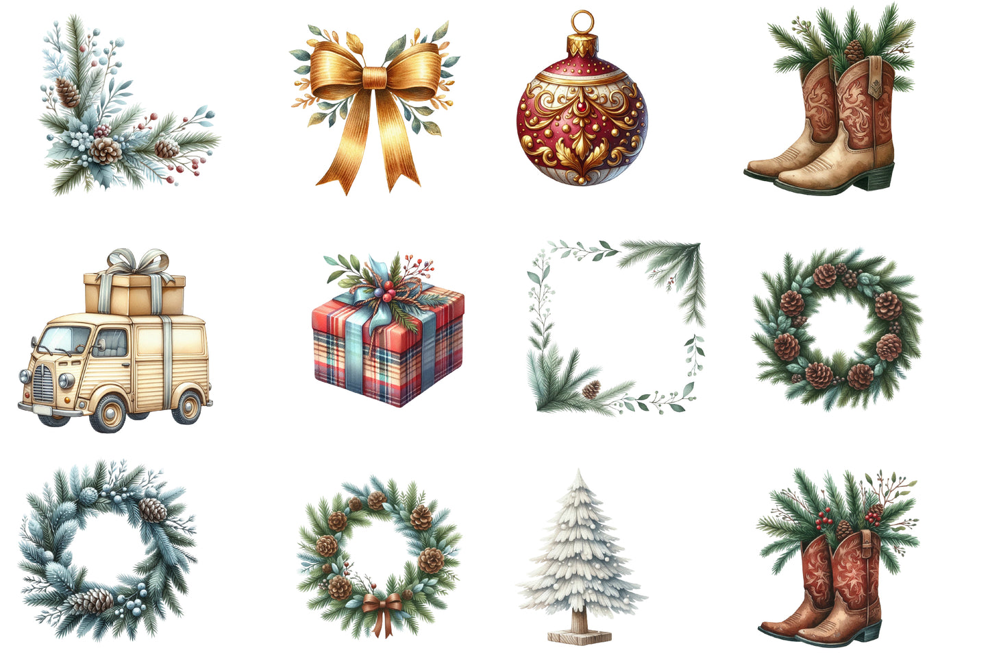 Neutral Christmas Clipart PNG Bundle | Rustic Christmas Watercolor Clipart | Woodland Holiday Sublimation PNG