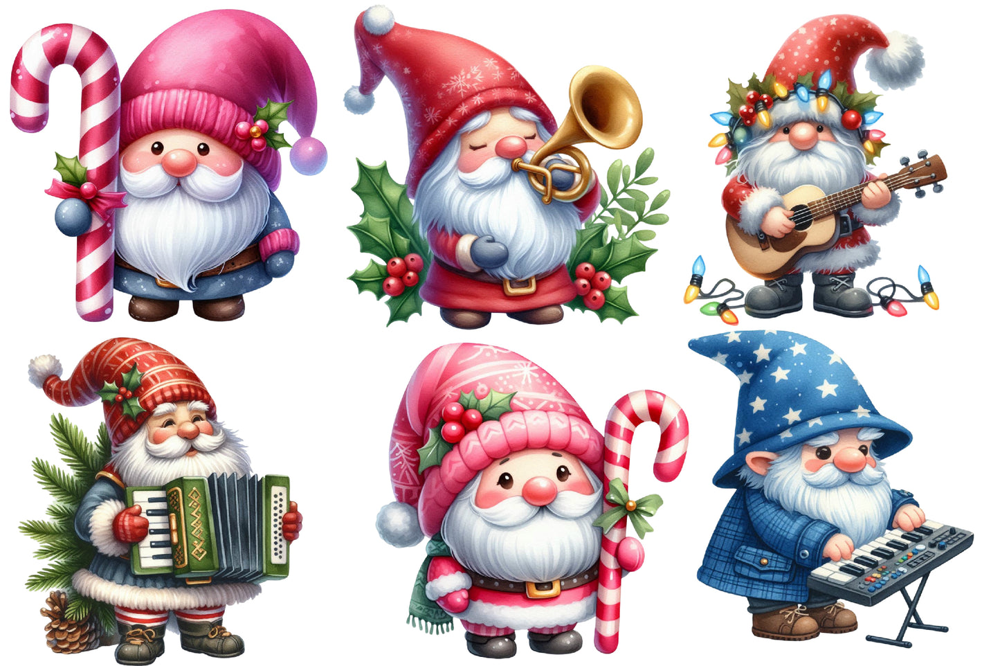 Christmas Gnome Musicians Sublimation PNG Bundle | Watercolor Musical Christmas Gnome Clipart | Holiday Music PNG