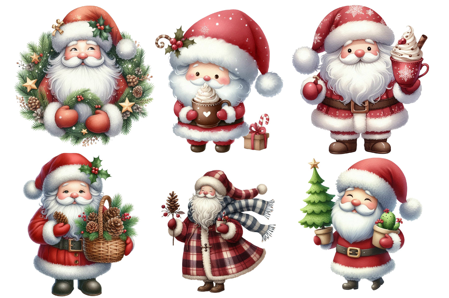 Adorable Santa Clipart PNG Bundle | Cute Watercolor Santa Claus Clipart | Festive Holiday Santa PNG