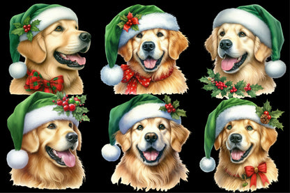 Watercolor Christmas Retriever Dog Clipart PNG Bundle | Cute Santa Hat Golden Retriever Holiday Designs