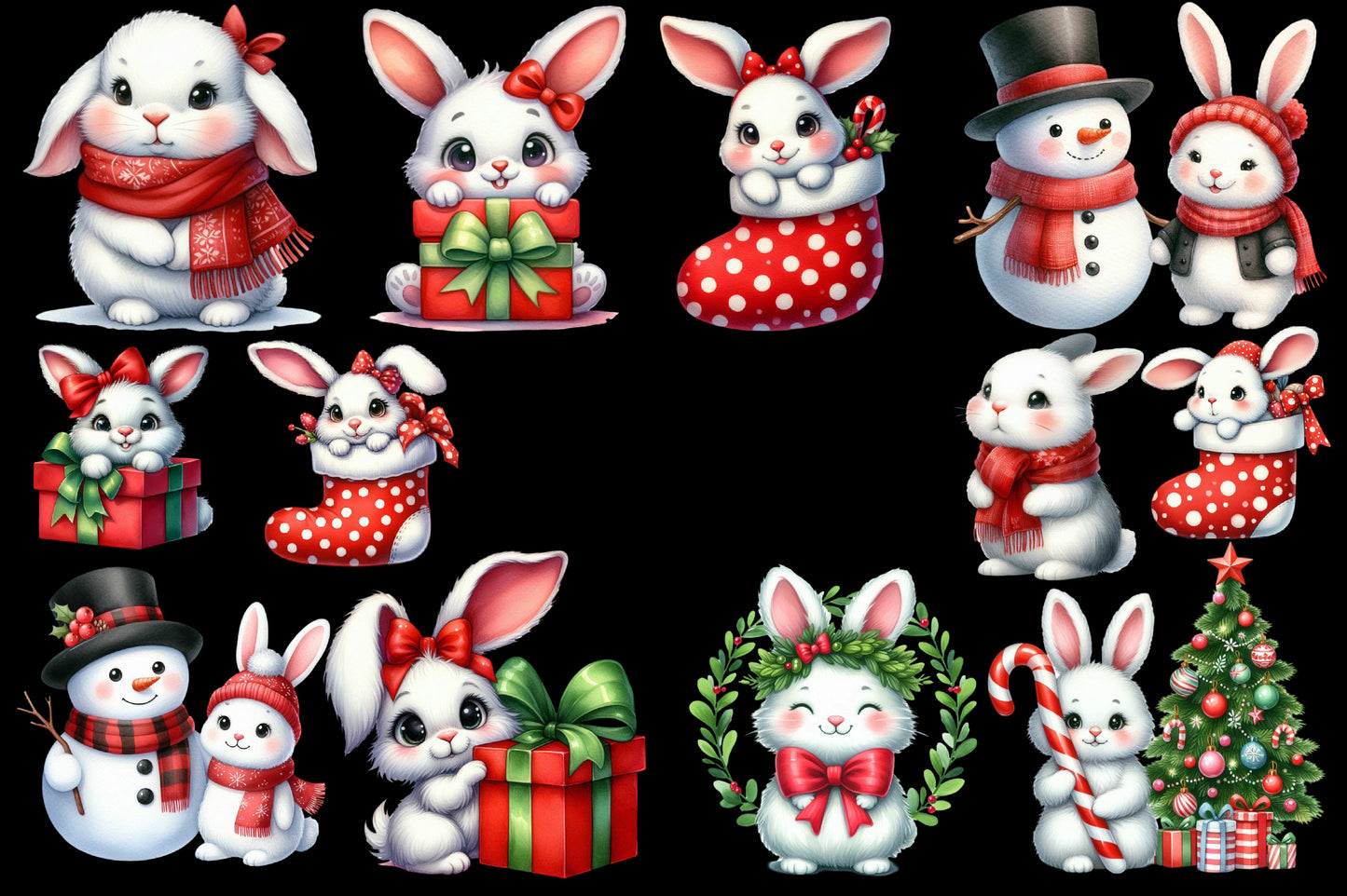 Bunny Christmas Clipart PNG Bundle | Cute Christmas Bunny, Rabbit, Snowman, Gifts & Stocking Designs