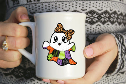 Cute Patchwork Halloween Ghost Leopard Bow PNG