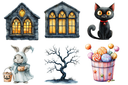 Cute Halloween Clipart PNG Bundle | Halloween Watercolor Clipart, Spooky Cute PNG