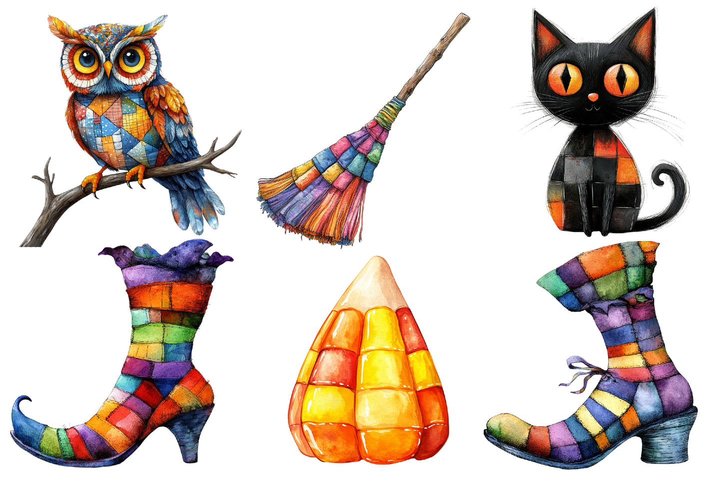 Halloween Patchwork Clipart PNG Bundle | Colorful Owl, Bat, Pumpkin, Witch & Haunted House