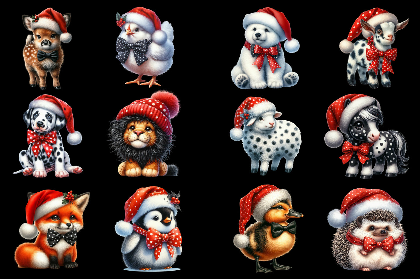 Christmas Animals PNG Clipart Bundle | Watercolor Cute Holiday Animals, Santa Hats, Bows & Festive Winter Designs