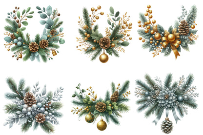 Christmas Garland Clipart Bundle PNG | Watercolor Festive Christmas Garland Clipart | Holiday Greenery Sublimation PNG