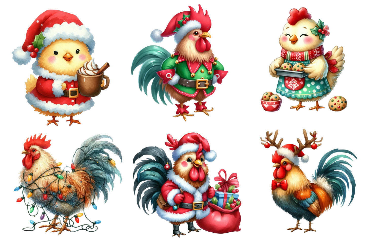Christmas Rooster Clipart PNG Bundle | Festive Chicken, Santa Rooster, Christmas Sweater, Reindeer & Holiday Farmhouse