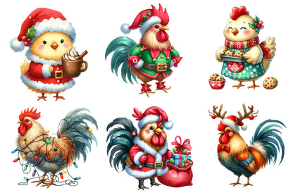 Christmas Rooster Clipart PNG Bundle | Festive Chicken, Santa Rooster, Christmas Sweater, Reindeer & Holiday Farmhouse