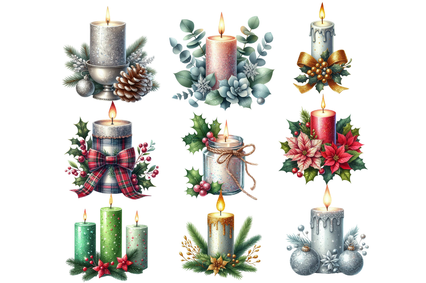 Christmas Glitter Candle Clipart PNG Bundle | Watercolor Sparkling Christmas Candle Clipart | Holiday Candle Sublimation PNG