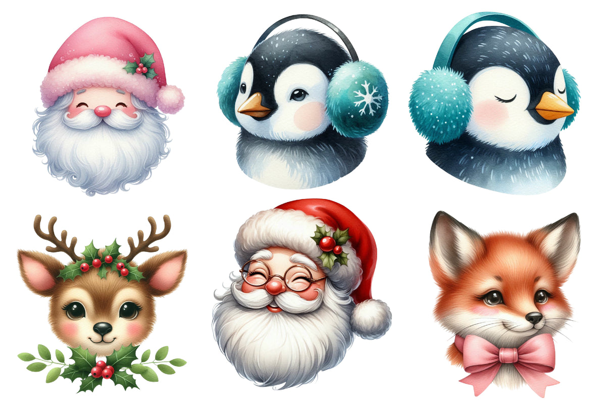 Cute Christmas Heads Clipart PNG Bundle | Santa, Snowman, Reindeer, Fox, Penguin, Deer, Bear & Gingerbread Holiday Characters