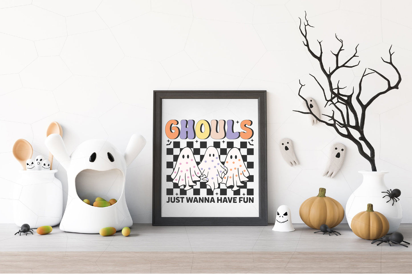 3 Cute Ghosts Halloween PNG Just Wanna Have Fun Checkered Ghost Clipart