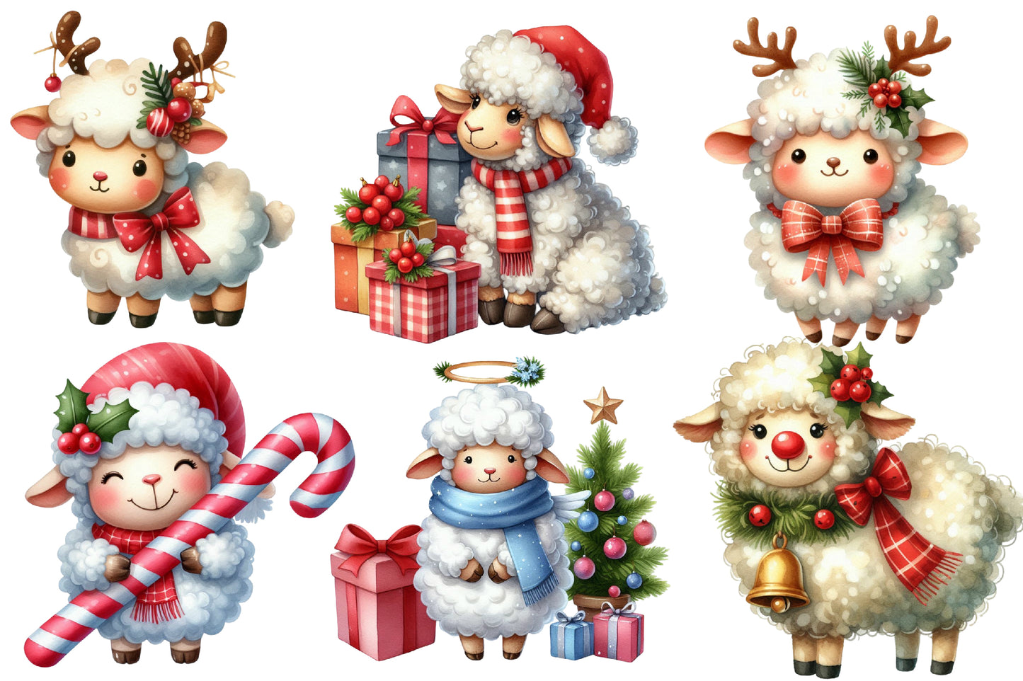 Christmas Sheep Clipart PNG Bundle | Watercolor Cute Christmas Sheep Clipart | Festive Winter Farm Animal Sublimation PNG