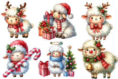 Christmas Sheep Clipart PNG Bundle | Watercolor Cute Christmas Sheep Clipart | Festive Winter Farm Animal Sublimation PNG
